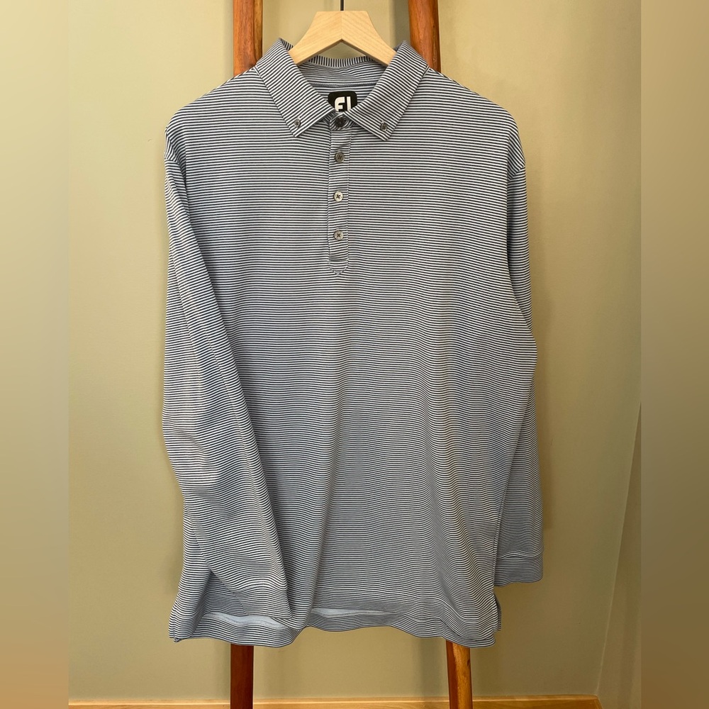 FootJoy Men’s Feeder Light Blue/Navy Stripe Jersey Buttondown Collar
